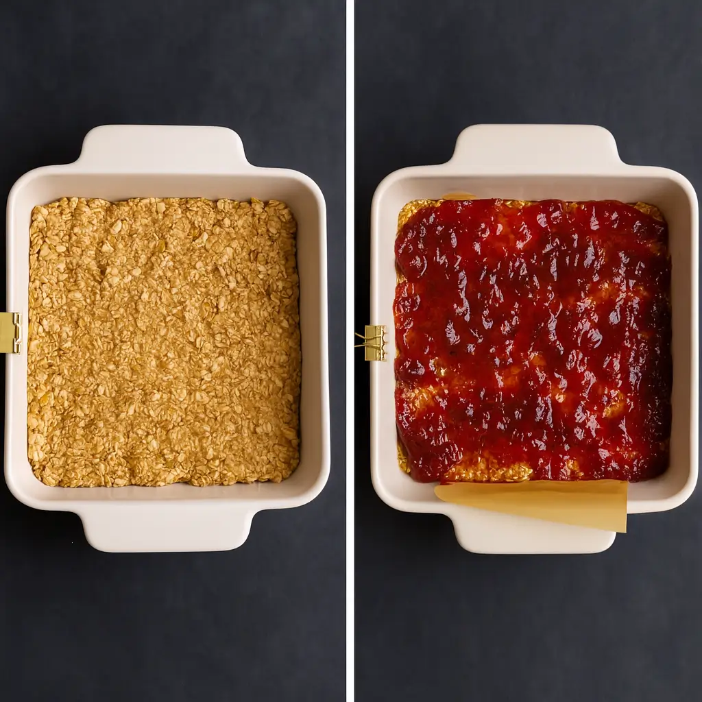 Healthy peanut butter and jelly bars in progress.